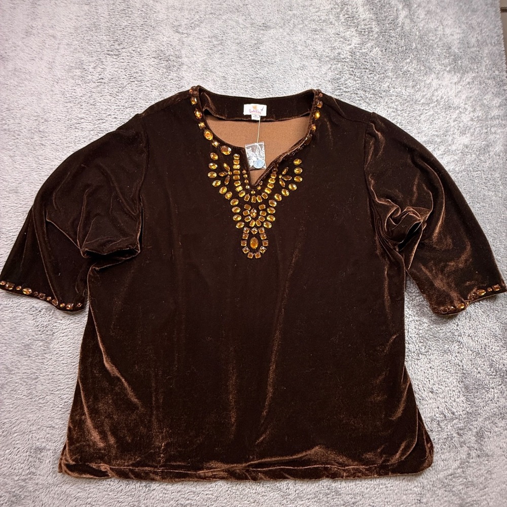 Quacker Factory Velvet Tunic Top NWT 3X Brown Rhinestones Stretch Fabric